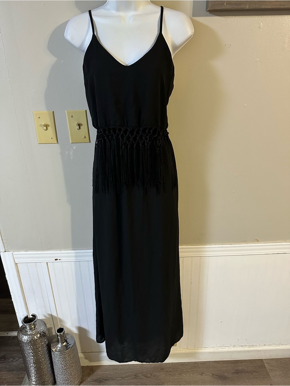 iris Black Fringe-Waist Spaghetti Strap Maxi Dress